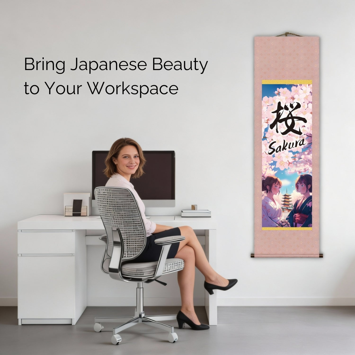 Anime Japonês Sakura Kakemono Wall Scroll – Mulheres de Kimono com Pagoda