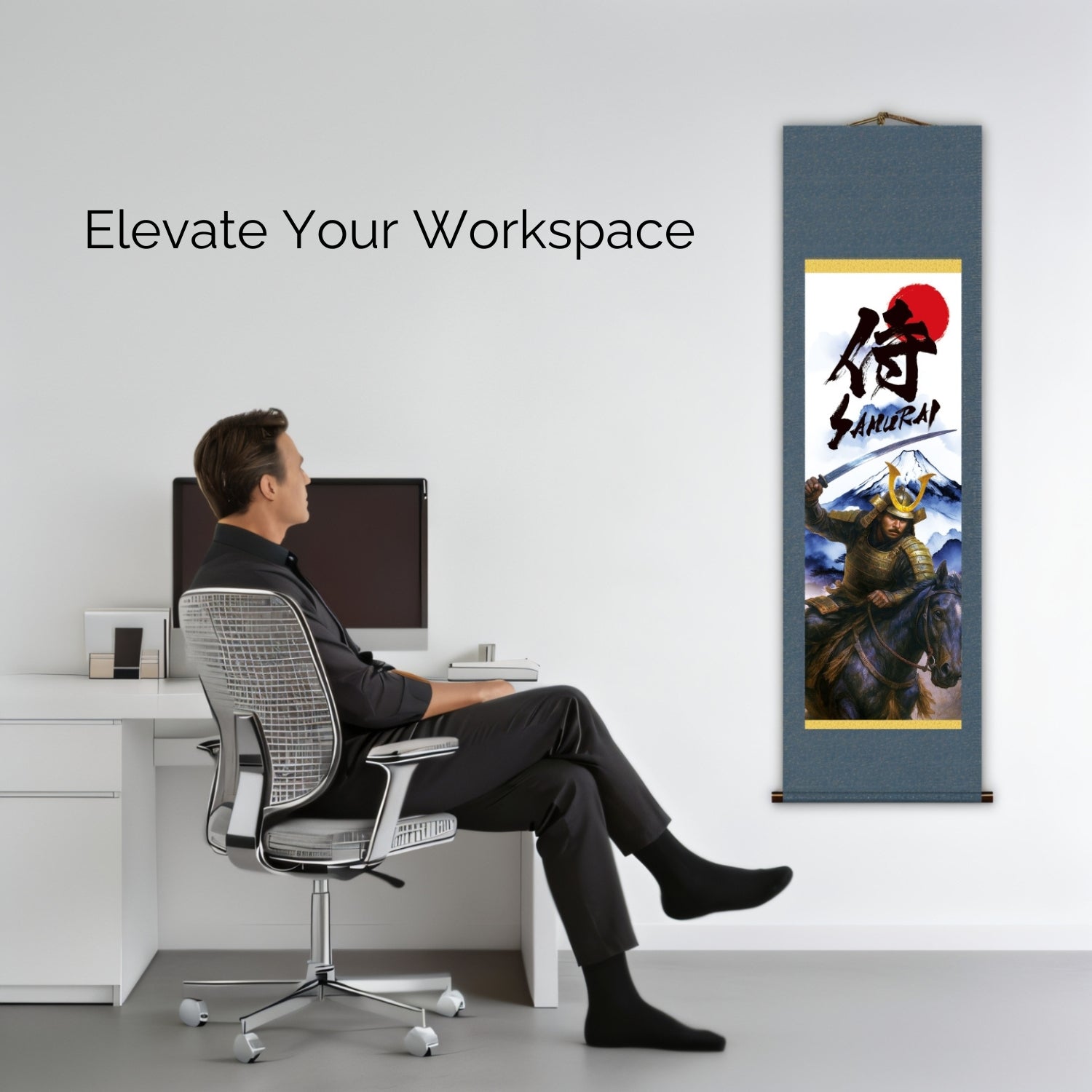 Pendurador de Parede Kakemono Samurai Japonês – Samurai Montado com Espada e Monte Fuji