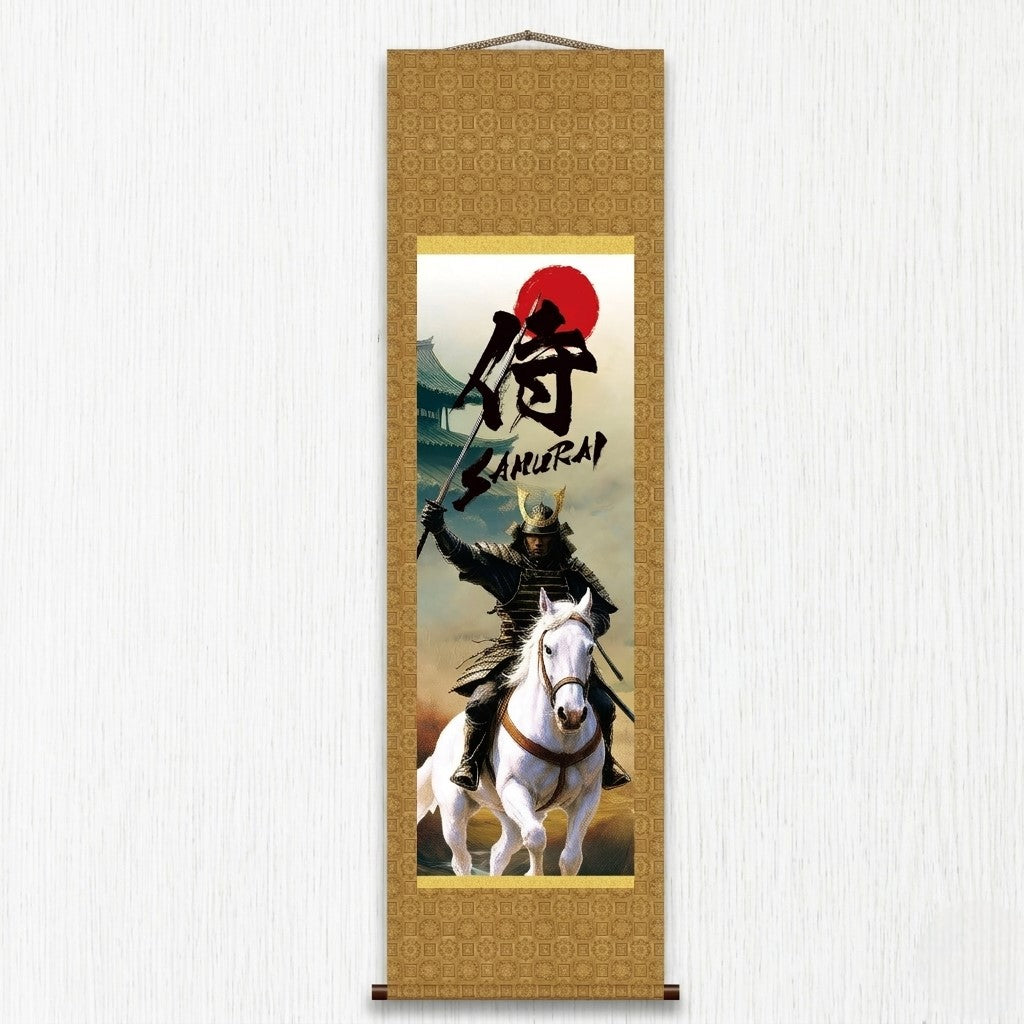 Pendurador de Parede Kakemono Samurai Japonês – Samurai Montado com Espada em Cavalo Branco