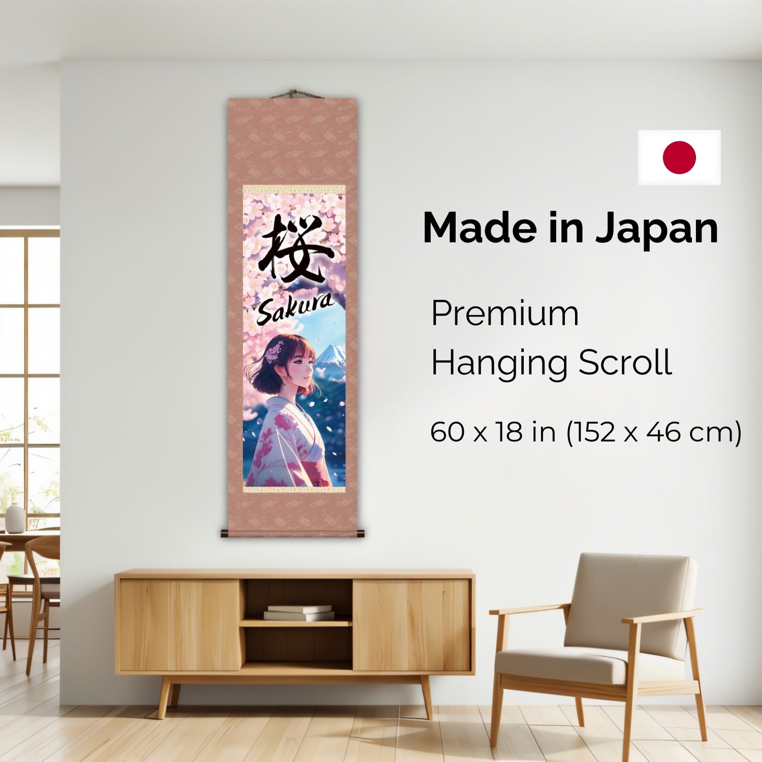 Japanese Anime Sakura Kakemono Wall Scroll – Kimono Woman with Mount Fuji
