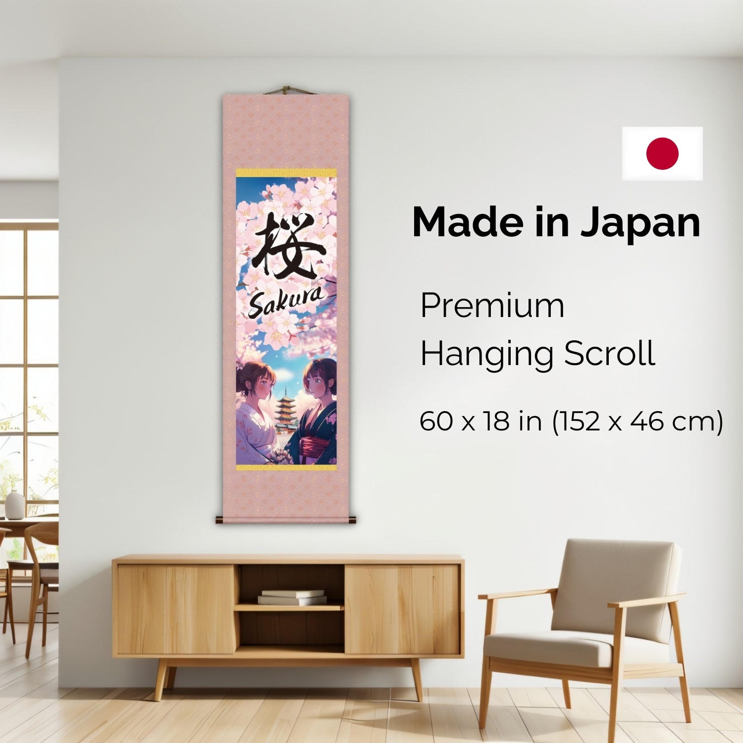 Anime Japonês Sakura Kakemono Wall Scroll – Mulheres de Kimono com Pagoda 