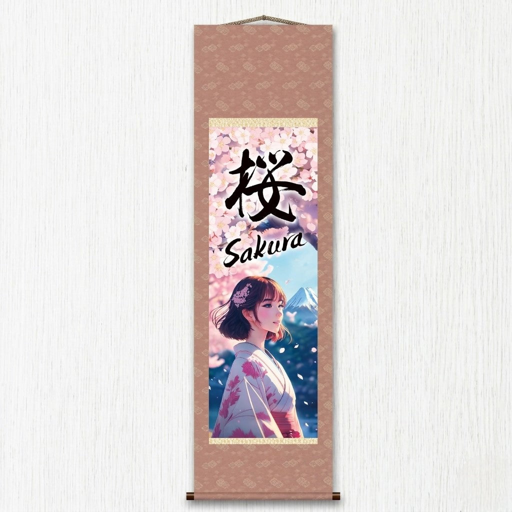 Pôster de Parede em Rolo Sakura de Anime Japonês – Mulher de Kimono com o Monte Fuji 