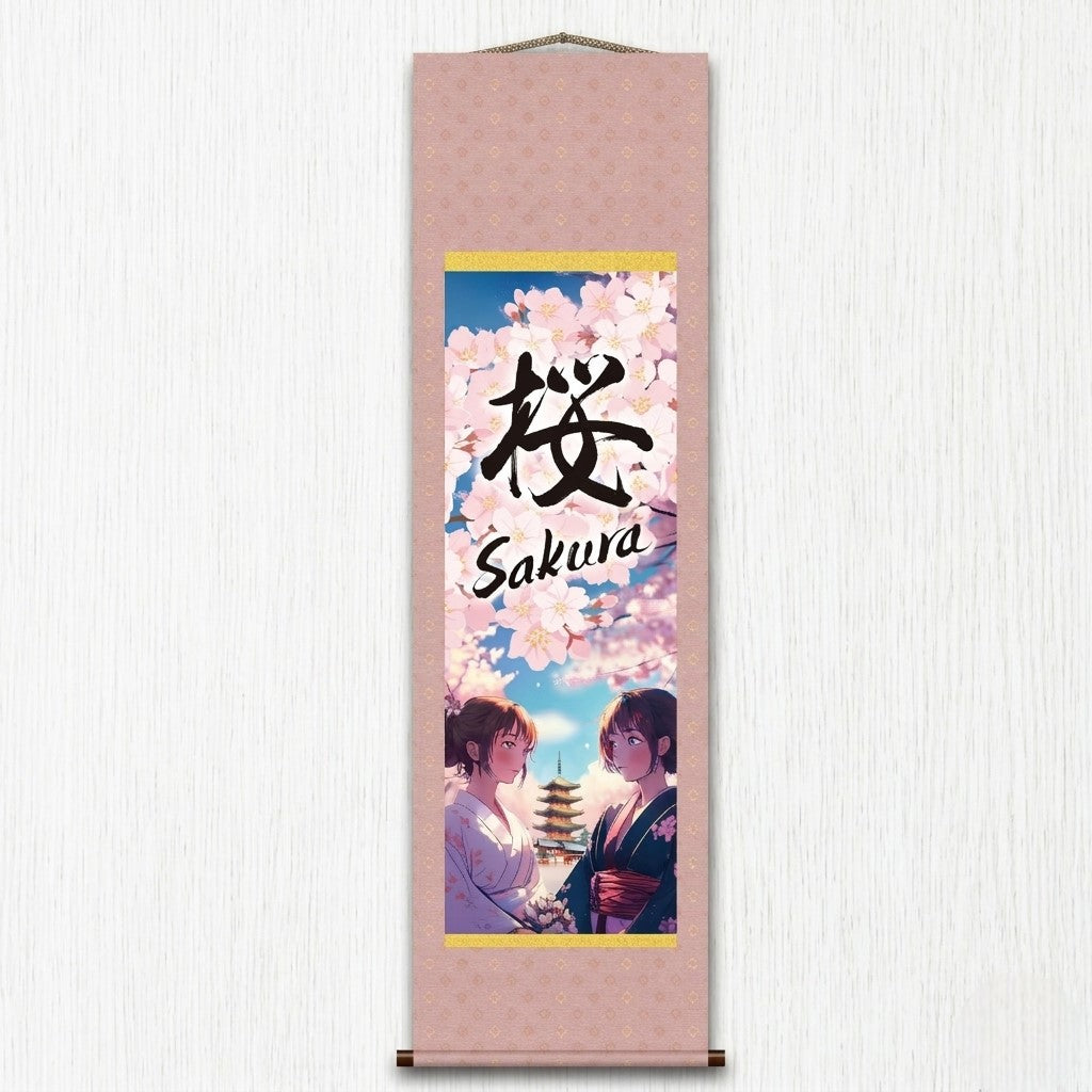 Anime Japonês Sakura Kakemono Wall Scroll – Mulheres de Quimono com Pagode 