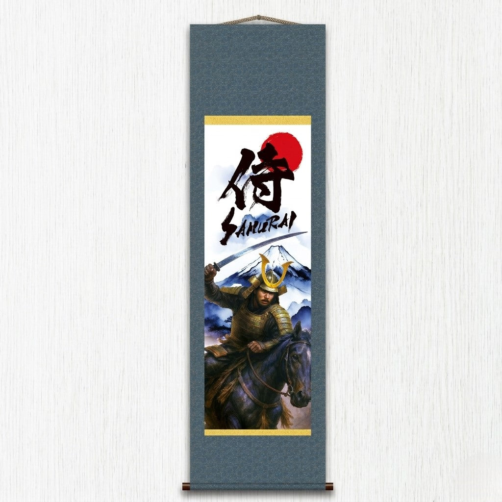 Pendurador de Parede Kakemono Samurai Japonês – Samurai Montado com Espada e Monte Fuji 